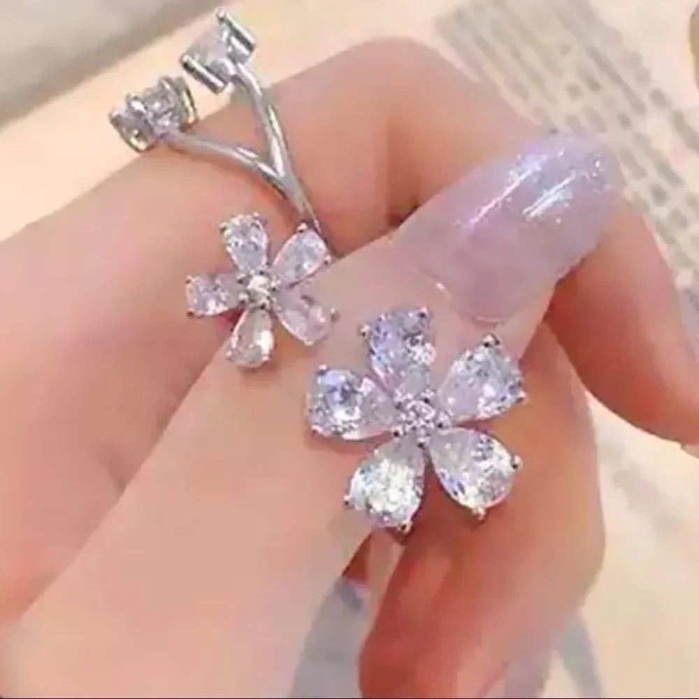 Silver Crystal Floral Prong Set Open Band Cuff Ring NEW